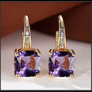 NEW GOLD PURPLE AMETHYST SQUARE DROP EARRINGS